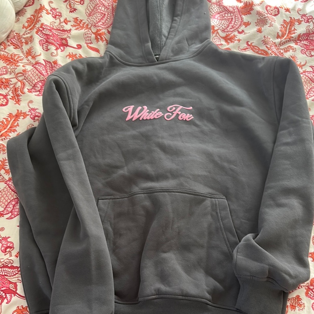 White Fox Gray Hoodie with Pink Logo